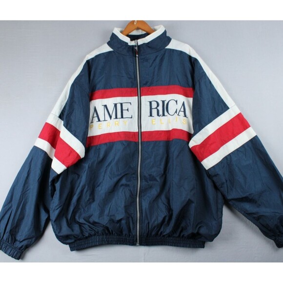 Vintage Perry Ellis America Embroidered Red White Blue Windbreaker Jacket XXL 90 - Picture 1 of 16